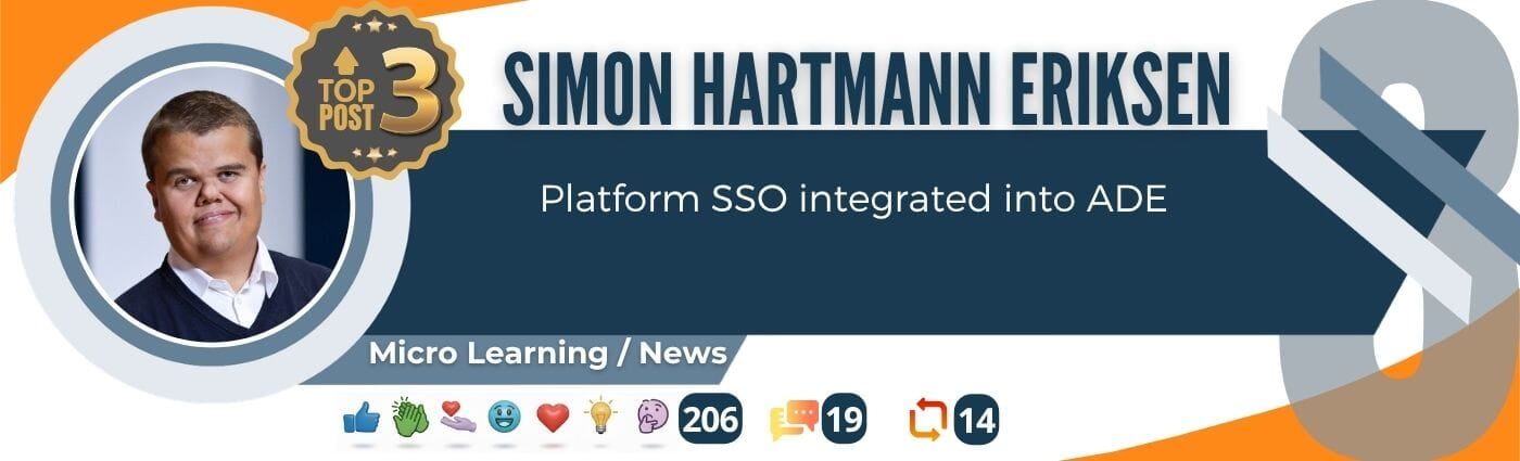 Modern Endpoint Management Top Post #3 for May 2026 featuring Simon Hartmann Eriksen and his article about Platform SSO integrated into Apple Automated Device Enrollment (ADE). Community ranking based on engagement.