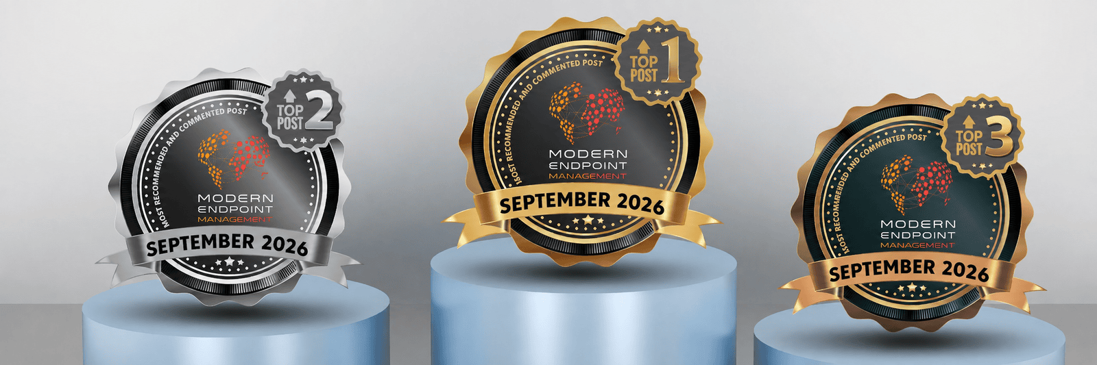 Top 3 most recommended and commented posts in the Modern Endpoint Management community for April 2025, featuring gold, silver and bronze recognition awards
